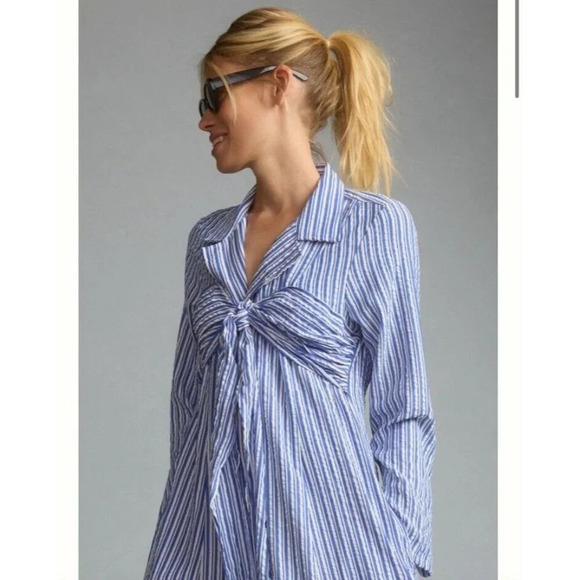 NWT Anthropologie Porridge Tie Front Blue White Stripe  Crinkle Maxi Dress XXS - Picture 3 of 8